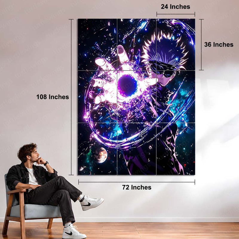 Anime Metal Poster Set of 9 | Gojo Satoru | Jujutsu Kaisen Hollow Purple Wall Art | Blindfolded Gojo Anime 9 Panel Metal Print