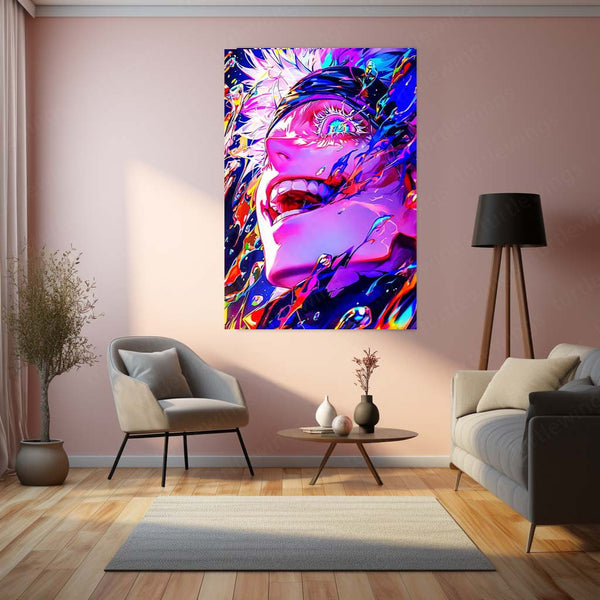 Anime Metal Poster | Gojo Satoru – Neon Power Unleashed Metal Poster | Jujutsu Kaisen Wall Frame