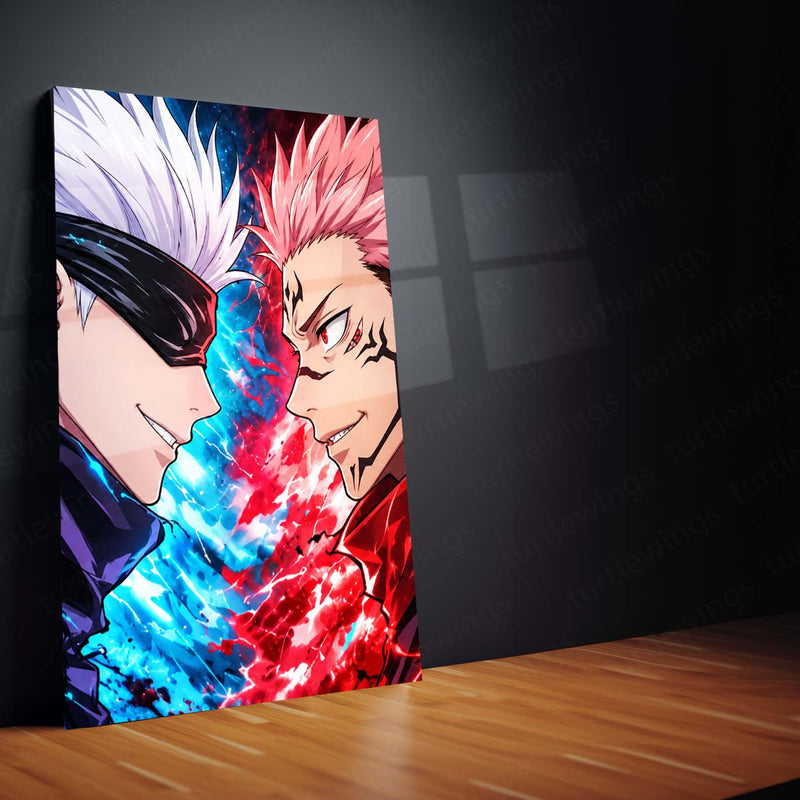 Anime Metal Poster Set of 3 | Jujutsu Kaisen | Gojo VS Sukuna Blue & Red Battle Triptych Wall Art