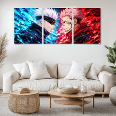 Anime Metal Poster Set of 3 | Jujutsu Kaisen | Gojo VS Sukuna Blue & Red Battle Triptych Wall Art