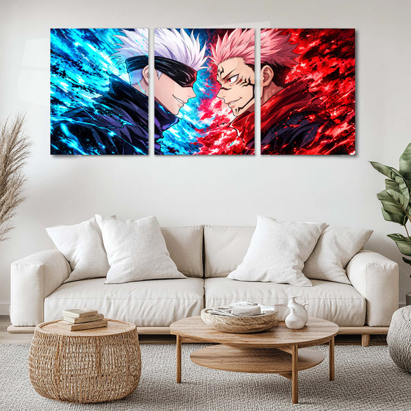 Anime Metal Poster Set of 3 | Jujutsu Kaisen | Gojo VS Sukuna Blue & Red Battle Triptych Wall Art
