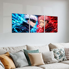 Anime Metal Poster Set of 3 | Jujutsu Kaisen | Gojo VS Sukuna Blue & Red Battle Triptych Wall Art