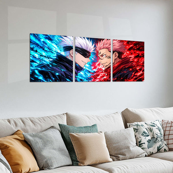 Anime Metal Poster Set of 3 | Jujutsu Kaisen | Gojo VS Sukuna Blue & Red Battle Triptych Wall Art