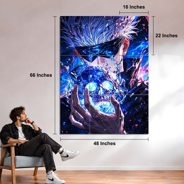 Anime Metal Poster Set of 9 | Gojo Satoru | Glowing Blue Skull Jujutsu Kaisen Wall Art | Blindfolded Gojo Anime 9 Panel Metal Print