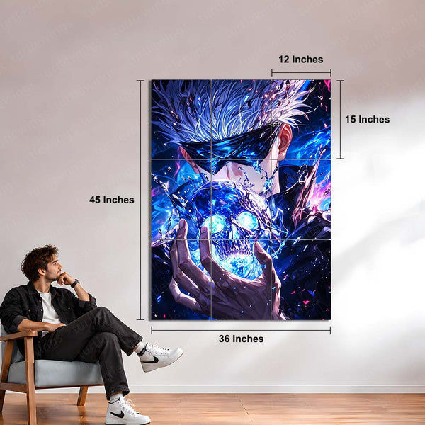 Anime Metal Poster Set of 9 | Gojo Satoru | Glowing Blue Skull Jujutsu Kaisen Wall Art | Blindfolded Gojo Anime 9 Panel Metal Print