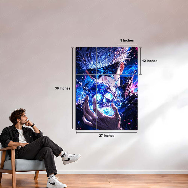 Anime Metal Poster Set of 9 | Gojo Satoru | Glowing Blue Skull Jujutsu Kaisen Wall Art | Blindfolded Gojo Anime 9 Panel Metal Print