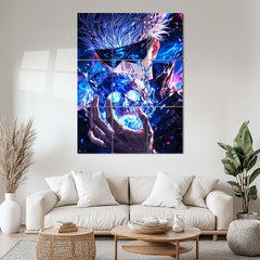 Anime Metal Poster Set of 9 | Gojo Satoru | Glowing Blue Skull Jujutsu Kaisen Wall Art | Blindfolded Gojo Anime 9 Panel Metal Print