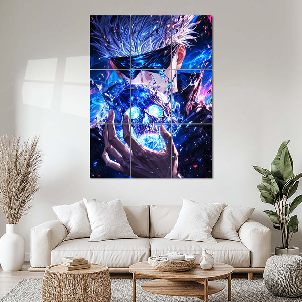 Anime Metal Poster Set of 9 | Gojo Satoru | Glowing Blue Skull Jujutsu Kaisen Wall Art | Blindfolded Gojo Anime 9 Panel Metal Print