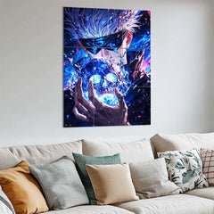 Anime Metal Poster Set of 9 | Gojo Satoru | Glowing Blue Skull Jujutsu Kaisen Wall Art | Blindfolded Gojo Anime 9 Panel Metal Print