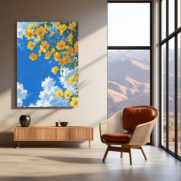 Golden Blossoms Sky – Bright Floral Metal Poster | Nature-Inspired Wall Frame
