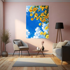 Golden Blossoms Sky – Bright Floral Metal Poster | Nature-Inspired Wall Frame