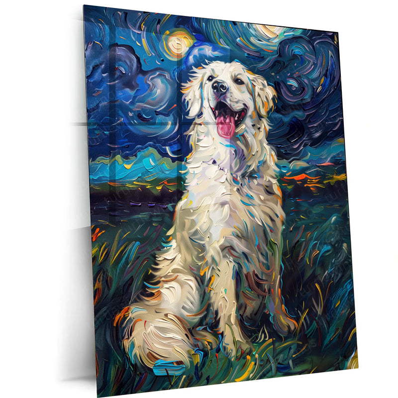 Golden Retriever Under Starry Night – Van Gogh Style Metal Frame | Artistic Dog Wall Art | Whimsical Starry Landscape Decor