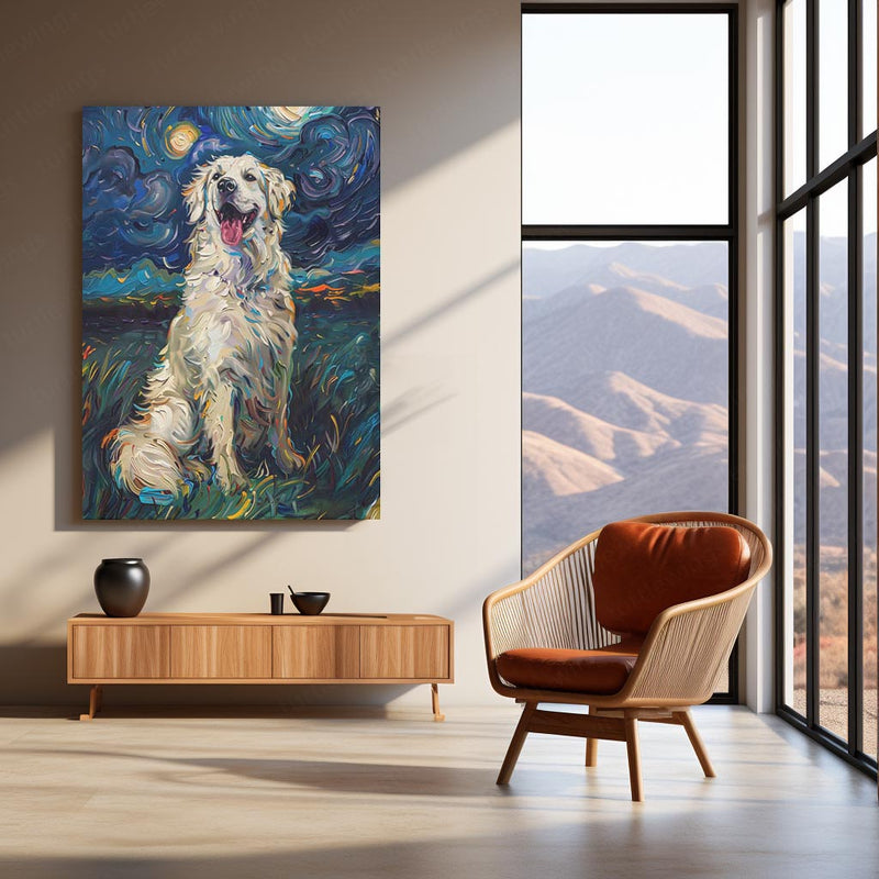 Golden Retriever Under Starry Night – Van Gogh Style Metal Frame | Artistic Dog Wall Art | Whimsical Starry Landscape Decor