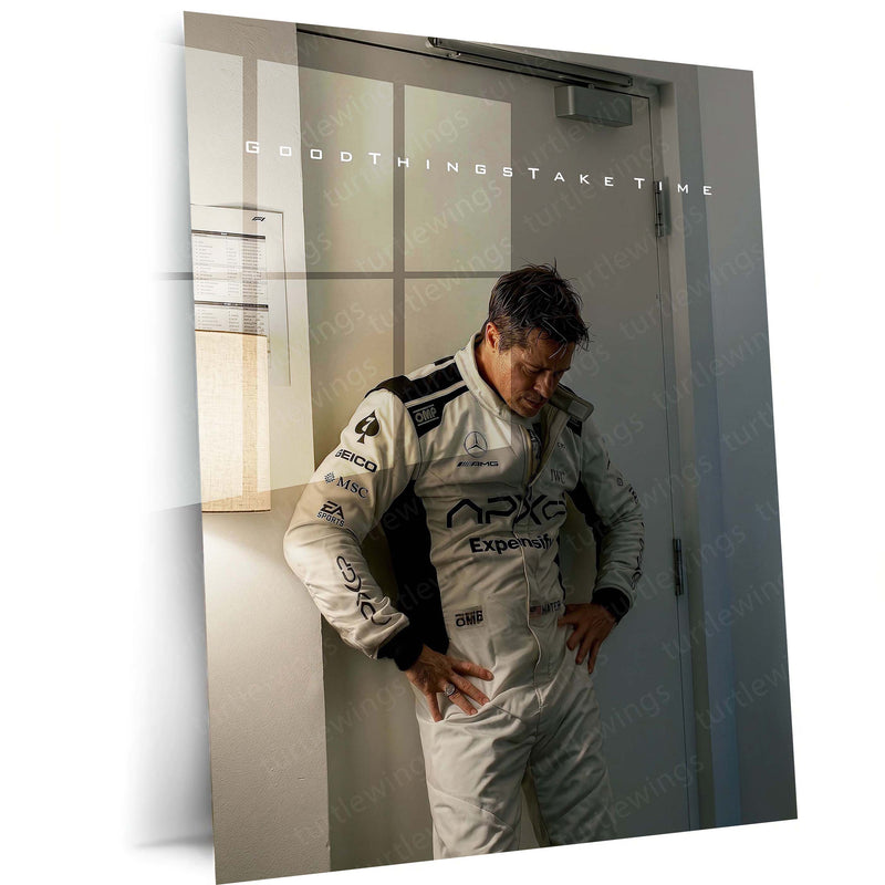 Quote Metal Poster | Brad Pitt – Good Things Take Time | F1 Racing Motivational Metal Frame | Patience & Success Wall Art by
