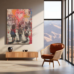 Neon Heart & Kids LED Metal Frame | Urban Graffiti Love Scene Wall Art | Banksy-Inspired Glow Poster