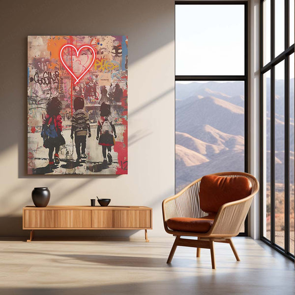 Neon Heart & Kids LED Metal Frame | Urban Graffiti Love Scene Wall Art | Banksy-Inspired Glow Poster