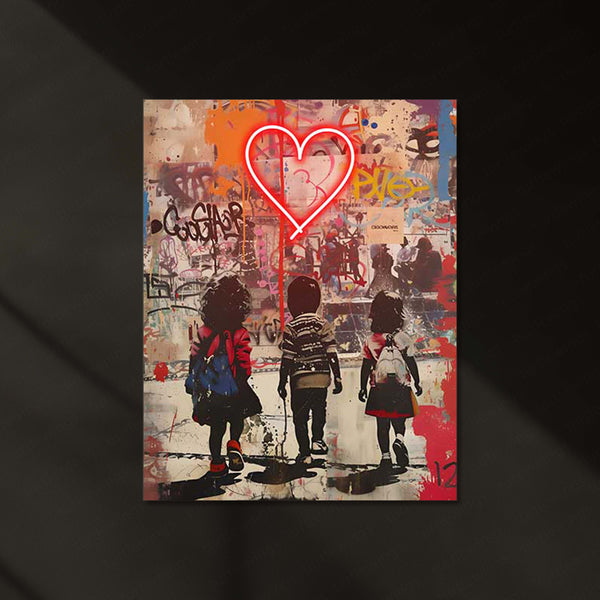 Neon Heart & Kids LED Metal Frame | Urban Graffiti Love Scene Wall Art | Banksy-Inspired Glow Poster