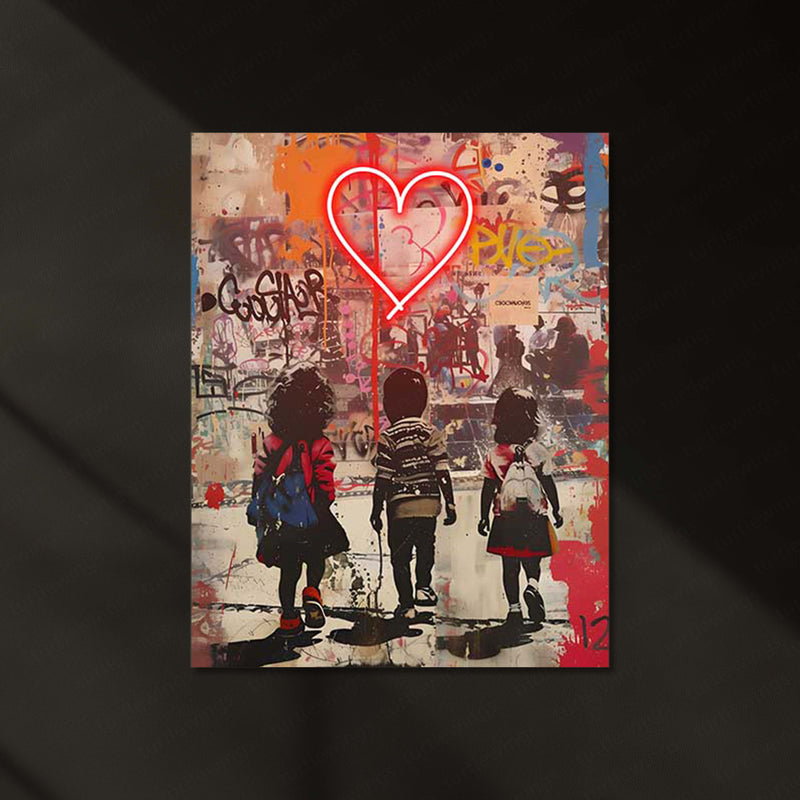 Neon Heart & Kids LED Metal Frame | Urban Graffiti Love Scene Wall Art | Banksy-Inspired Glow Poster