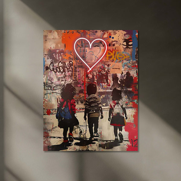 Neon Heart & Kids LED Metal Frame | Urban Graffiti Love Scene Wall Art | Banksy-Inspired Glow Poster