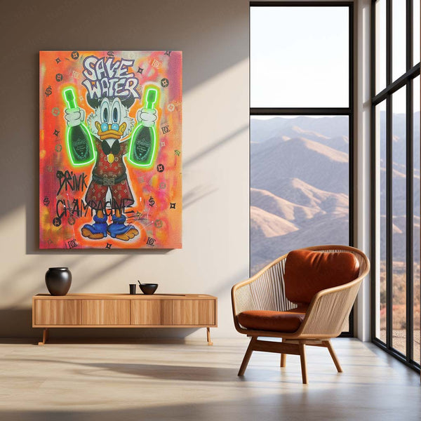 Drink Champagne – Duck Graffiti Neon LED Metal Frame | Rich Life Pop Art Poster | Street Luxe Wall Decor