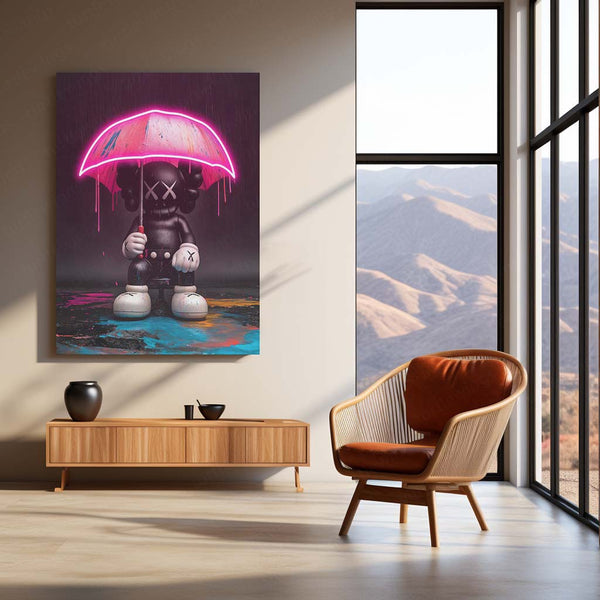 KAWS in the Rain – Neon Umbrella LED Metal Frame | Street Pop Art Wall Decor | Designer Toy Aesthetic Poster