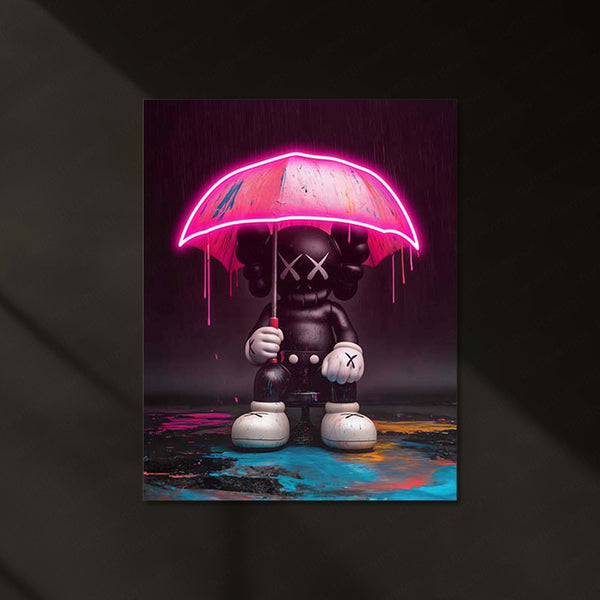 KAWS in the Rain – Neon Umbrella LED Metal Frame | Street Pop Art Wall Decor | Designer Toy Aesthetic Poster