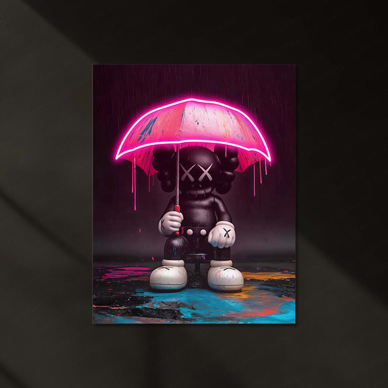 KAWS in the Rain – Neon Umbrella LED Metal Frame | Street Pop Art Wall Decor | Designer Toy Aesthetic Poster