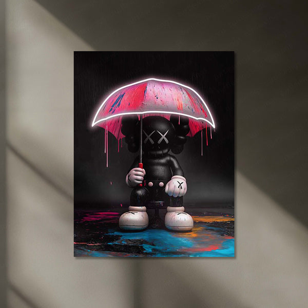 KAWS in the Rain – Neon Umbrella LED Metal Frame | Street Pop Art Wall Decor | Designer Toy Aesthetic Poster