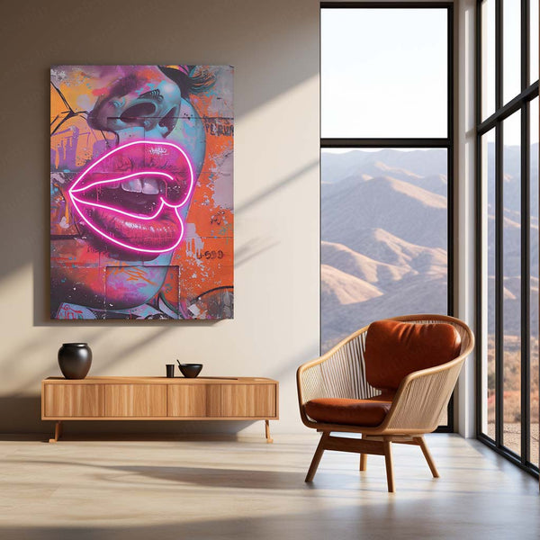 Neon Kiss – Graffiti Lips LED Metal Frame | Pop Art Wall Decor | Bold Urban Glow Poster
