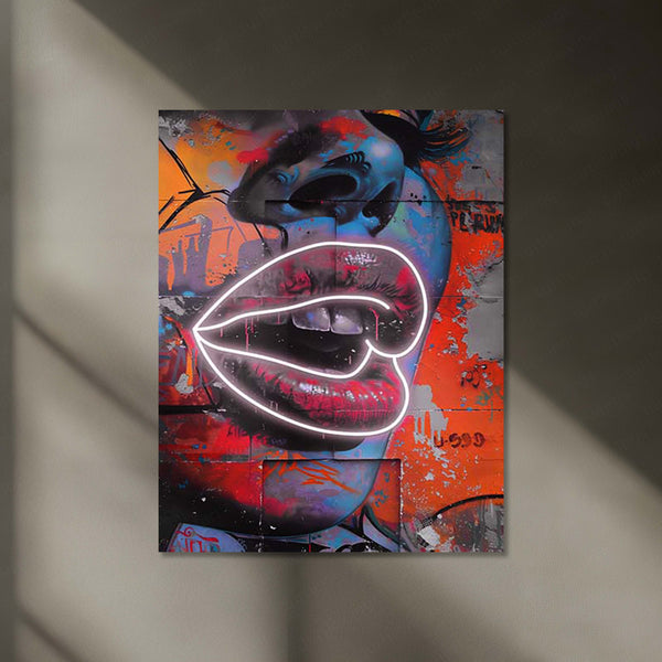 Neon Kiss – Graffiti Lips LED Metal Frame | Pop Art Wall Decor | Bold Urban Glow Poster