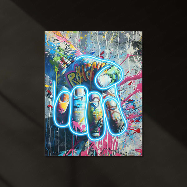 Point of Power – Neon Fist LED Metal Frame | Urban Street Art Poster | Resistance & Strength Wall Decor