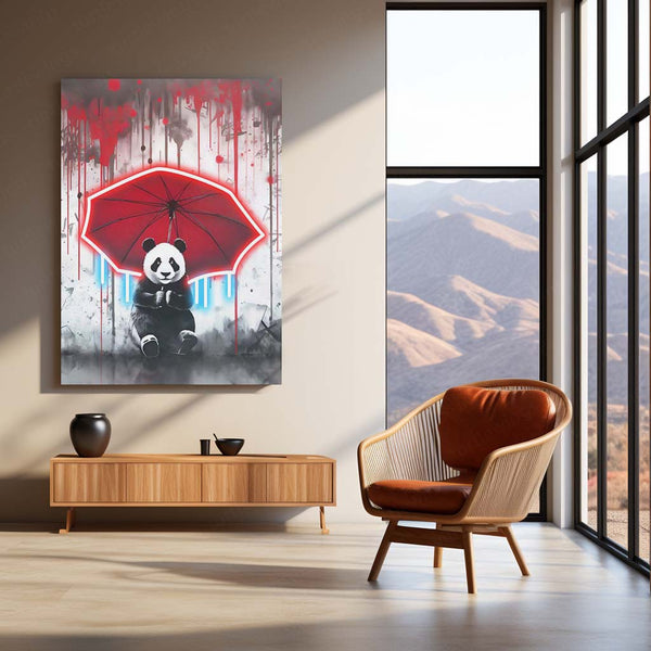 Neon Panda Shelter – Red Umbrella LED Metal Frame | Urban Pop Art Wall Decor | Rainy Day Aesthetic Poster