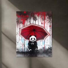 Neon Panda Shelter – Red Umbrella LED Metal Frame | Urban Pop Art Wall Decor | Rainy Day Aesthetic Poster