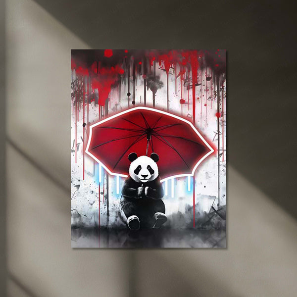 Neon Panda Shelter – Red Umbrella LED Metal Frame | Urban Pop Art Wall Decor | Rainy Day Aesthetic Poster