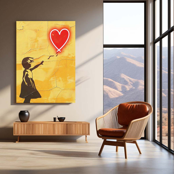 Let Go – Girl with Red Heart Balloon LED Metal Frame | Minimalist Neon Street Art Poster