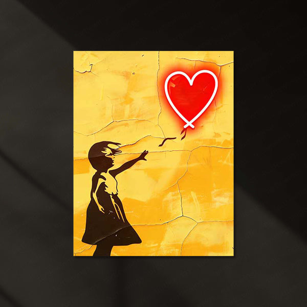 Let Go – Girl with Red Heart Balloon LED Metal Frame | Minimalist Neon Street Art Poster