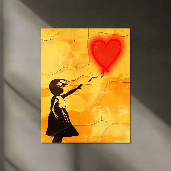 Let Go – Girl with Red Heart Balloon LED Metal Frame | Minimalist Neon Street Art Poster