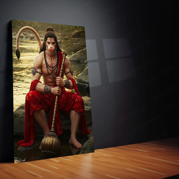 Spiritual God Metal Poster | Lord Hanuman Ji Metal Poster | Devotional Wall Art | Bajrangbali Spiritual Frame 03 - TURTLEWINGS 