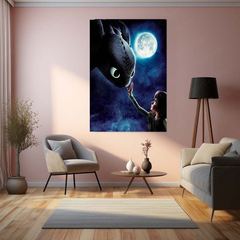 How to Train Your Dragon – Hiccup & Toothless Under the Moonlight Metal Poster | Fantasy Wall Frame