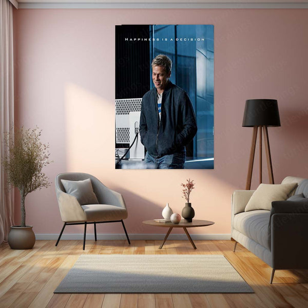 Quote Metal Poster | Brad Pitt – Happiness Is a Decision | Positive Mindset Motivational Metal Frame | Inspirational Wall Art