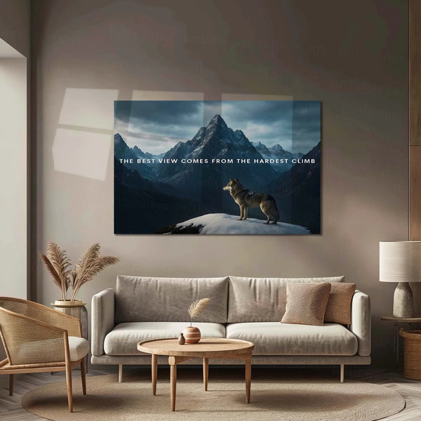 Quote Metal Poster | The Best View Comes from the Hardest Climb – Wolf & Mountain Metal Poster