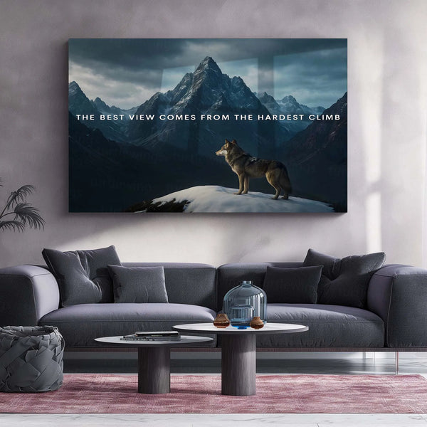 Quote Metal Poster | The Best View Comes from the Hardest Climb – Wolf & Mountain Metal Poster