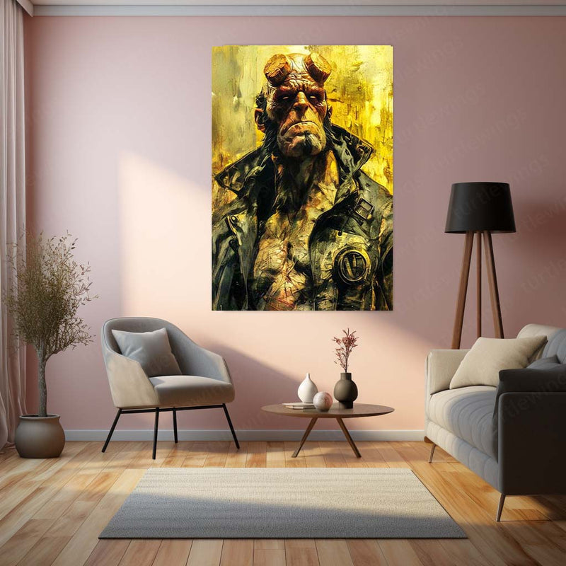 Hellboy – Dark Comic Legend | Golden Portrait Edition Metal Poster | Comic Wall Frame