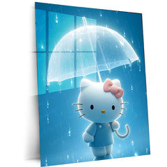 Hello Kitty in Rain – Cute 3D Umbrella Scene Metal Frame | Kawaii Wall Art | Blue Aesthetic Decor for Kids & Collectors