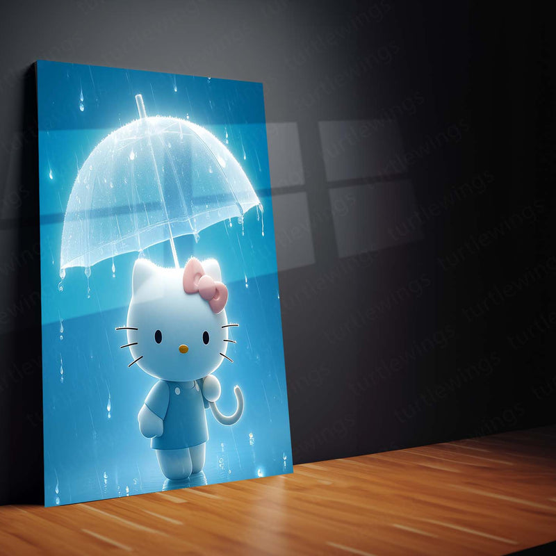 Hello Kitty in Rain – Cute 3D Umbrella Scene Metal Frame | Kawaii Wall Art | Blue Aesthetic Decor for Kids & Collectors