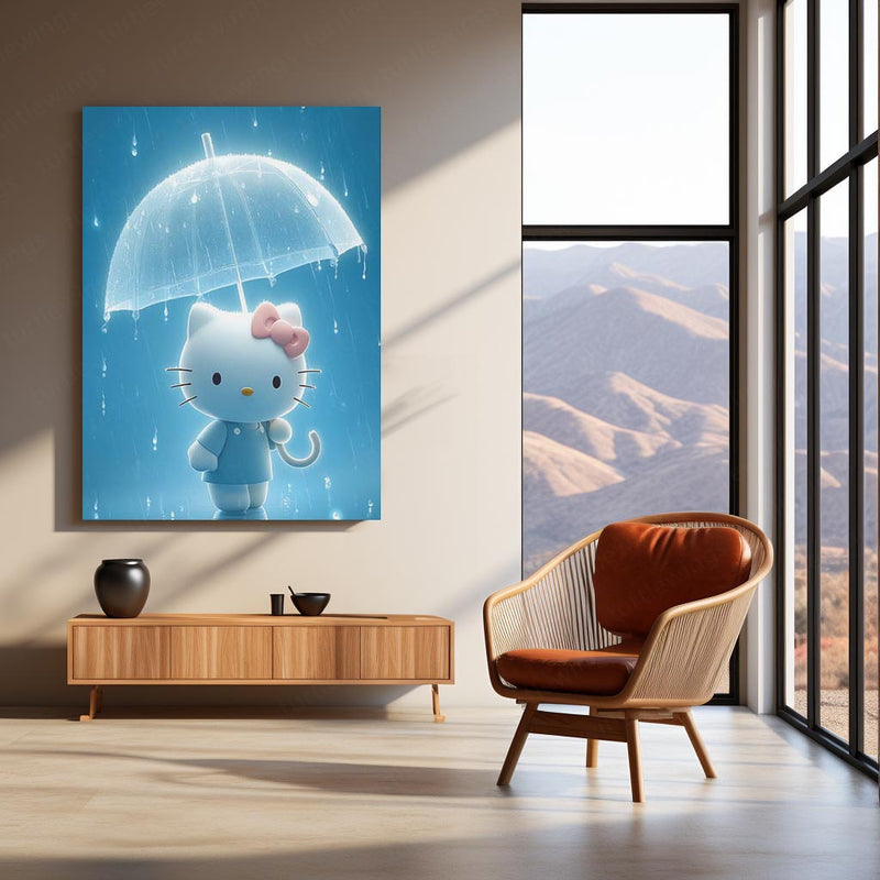 Hello Kitty in Rain – Cute 3D Umbrella Scene Metal Frame | Kawaii Wall Art | Blue Aesthetic Decor for Kids & Collectors