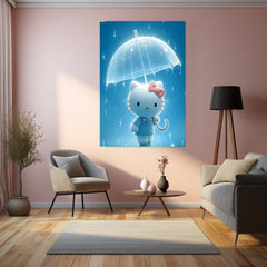 Hello Kitty in Rain – Cute 3D Umbrella Scene Metal Frame | Kawaii Wall Art | Blue Aesthetic Decor for Kids & Collectors