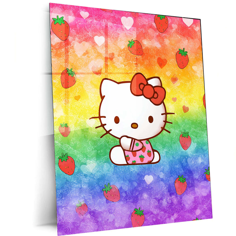 Hello Kitty with Strawberries – Rainbow Kawaii Metal Frame | Cute Sanrio Wall Art | Pastel Aesthetic Decor