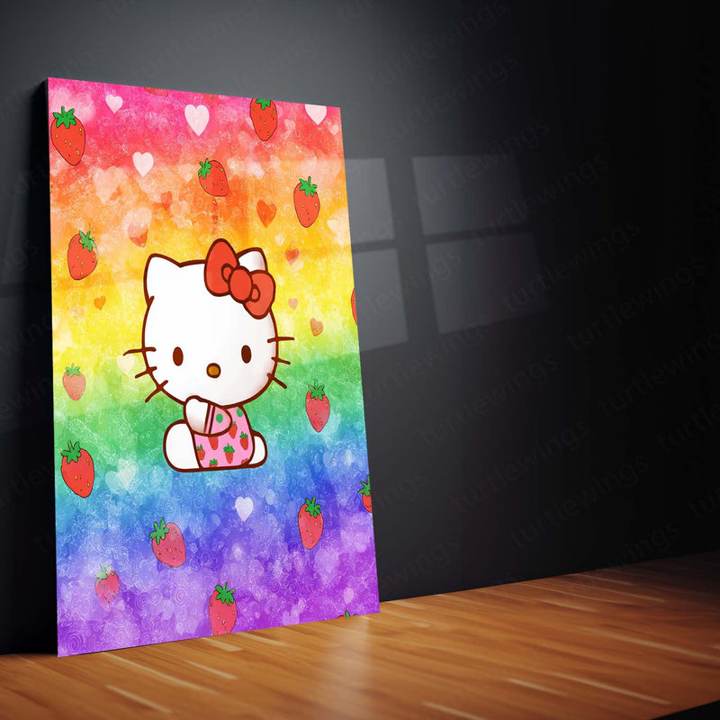 Hello Kitty with Strawberries – Rainbow Kawaii Metal Frame | Cute Sanrio Wall Art | Pastel Aesthetic Decor