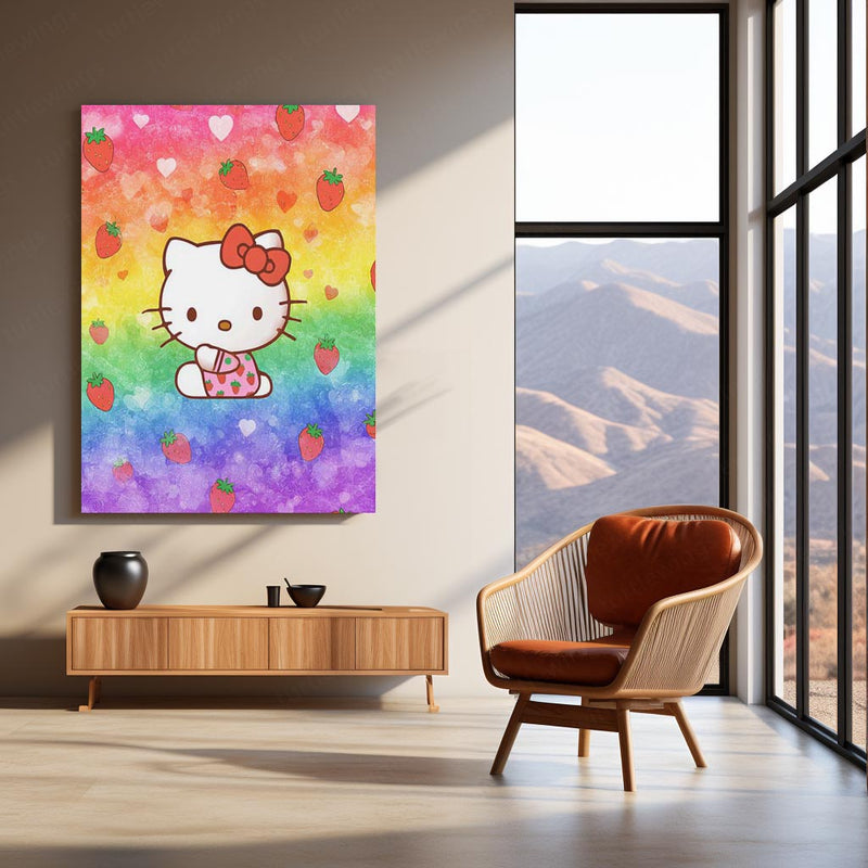 Hello Kitty with Strawberries – Rainbow Kawaii Metal Frame | Cute Sanrio Wall Art | Pastel Aesthetic Decor